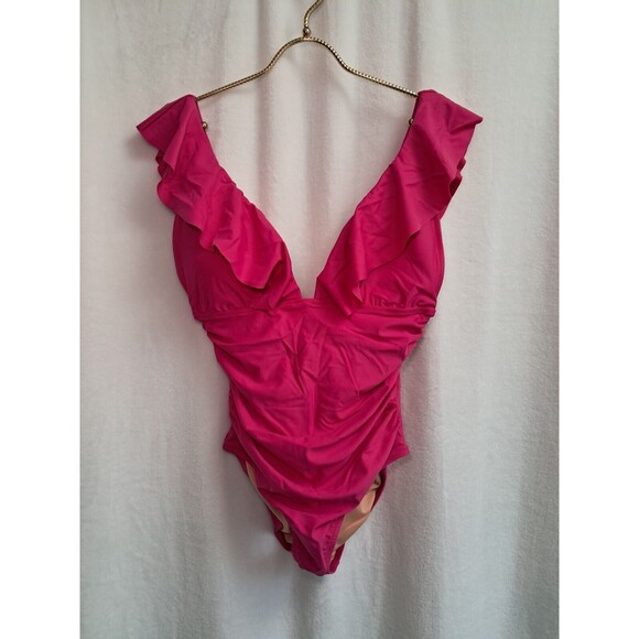 J.Crew Ruched Ruffle One Piece Swimsuit Fuchsia Pink Beach BP222 Size 10 NWT - Picture 2 of 9